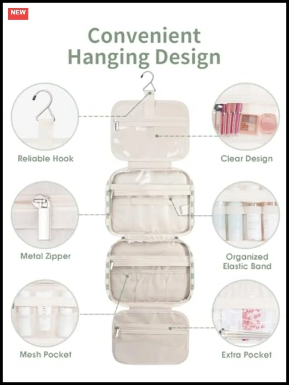 Hanging Toiletry Bag Travel Makeup Organizer with Multiple Compartments